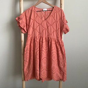 Entro Coral Eyelet Embroidered Babydoll Mini Dress